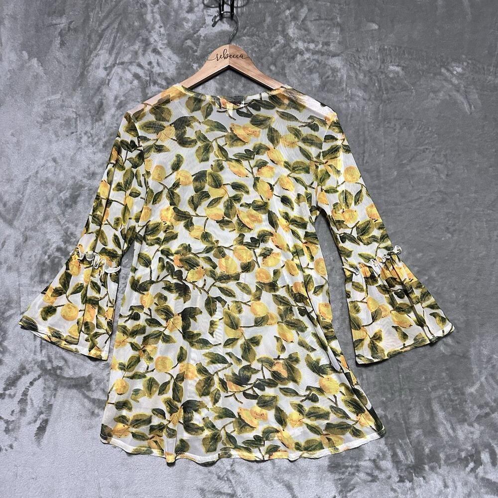 Mishca Novelty Mesh Bell Sleeve Peplum Top Womens Sz S Yellow Lemon Print Sheer - Picture 8 of 8